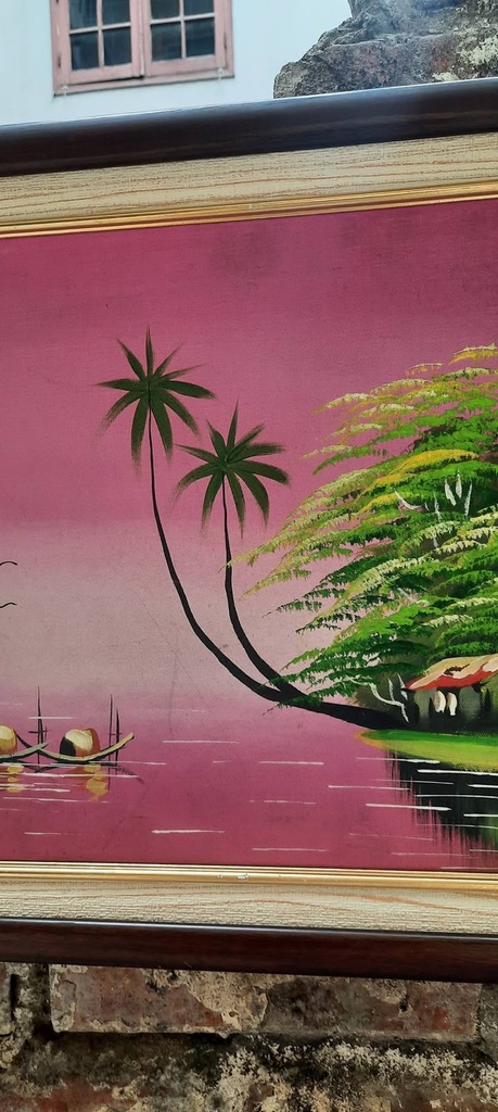 Tranh phong cảnh làng quê ven sông bầu trời hồng — detail