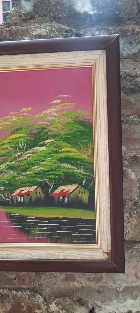 Tranh phong cảnh làng quê ven sông bầu trời hồng — detail