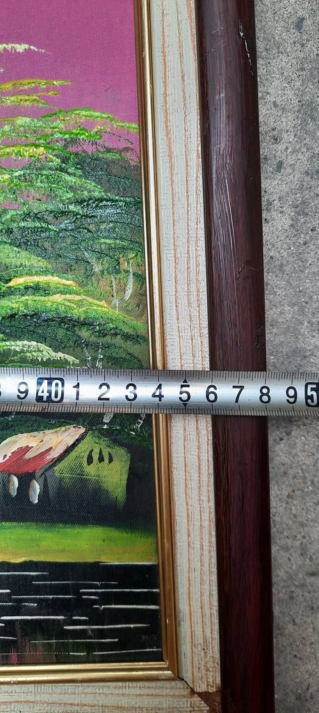 Tranh phong cảnh làng quê ven sông bầu trời hồng — measurement