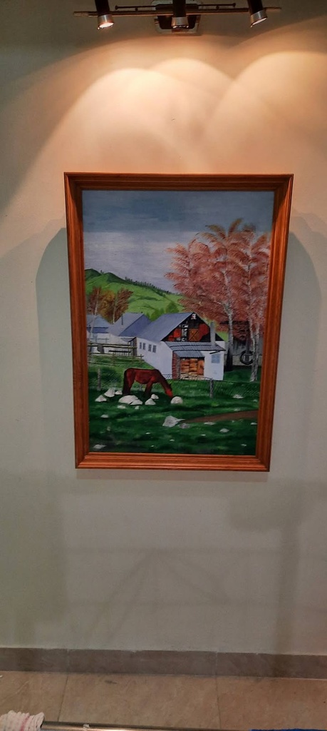 Tranh sơn dầu phong cảnh trang trại và chú ngựa — original_uncropped