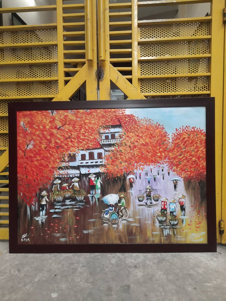 Tranh sơn dầu Phố cổ mùa lá đỏ — original_uncropped