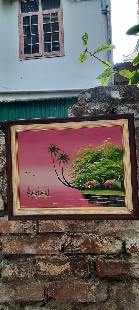 Tranh phong cảnh làng quê ven sông bầu trời hồng — original_uncropped
