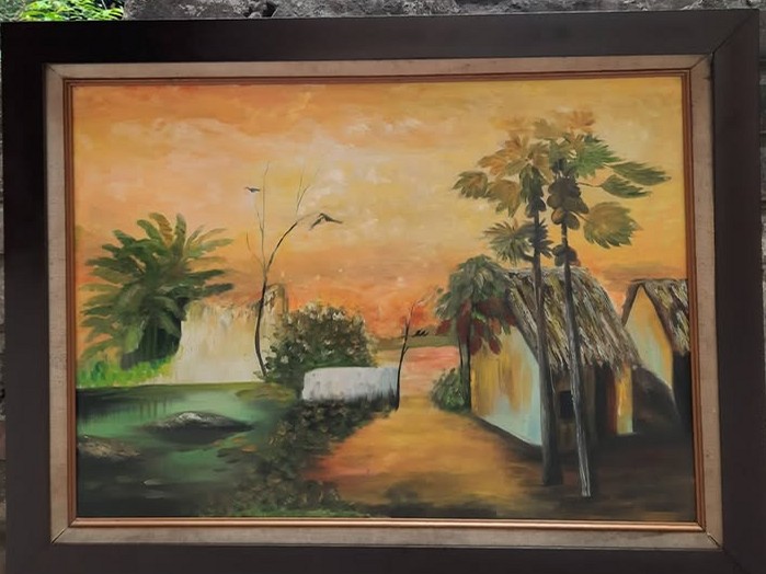 Tranh sơn dầu phong cảnh hoàng hôn làng quê