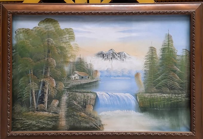 Tranh phong cảnh thác nước và núi tuyết