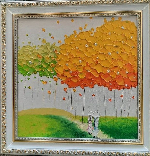 Tranh đắp nổi mùa thu và người đi bộ