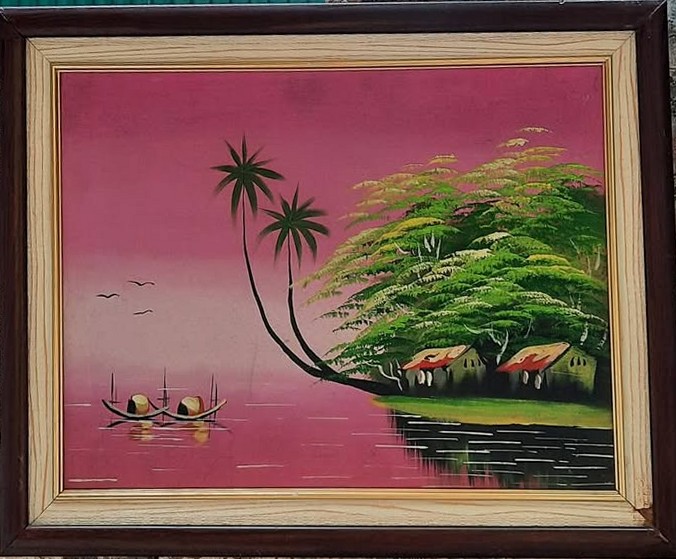 Tranh phong cảnh làng quê ven sông bầu trời hồng